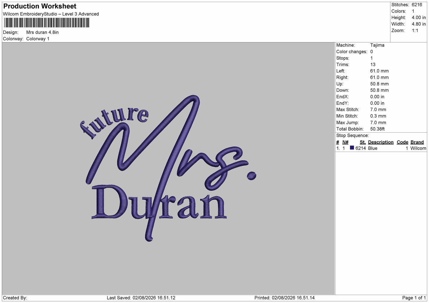 Duran Text Embroidery Machine Design File 6 sizes