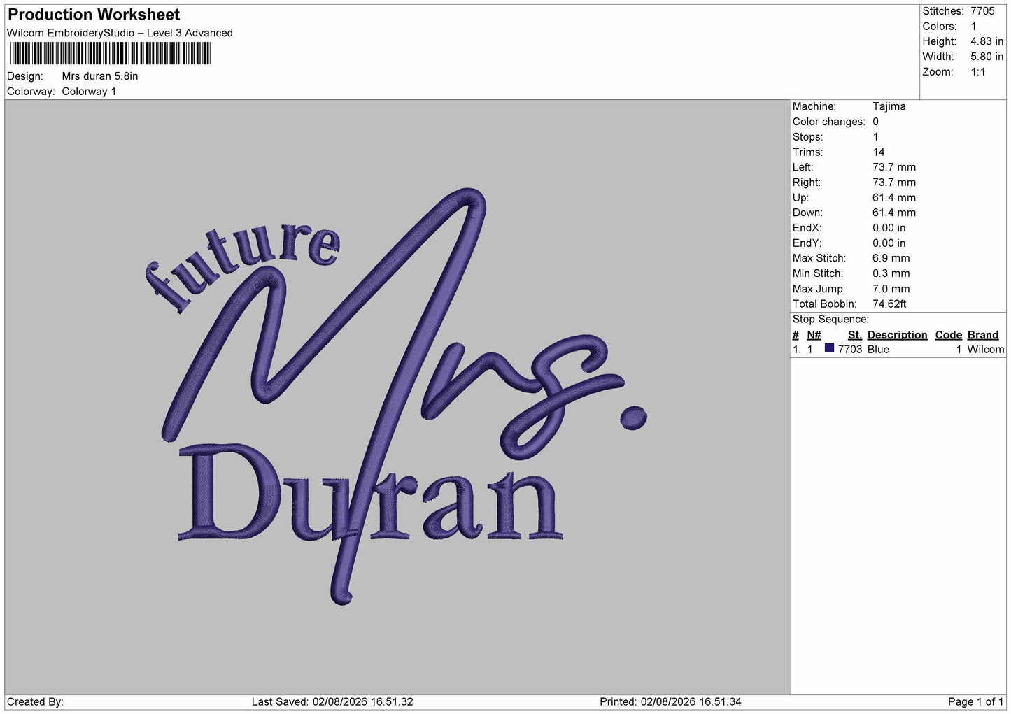 Duran Text Embroidery Machine Design File 6 sizes