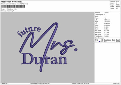 Duran Text Embroidery Machine Design File 6 sizes