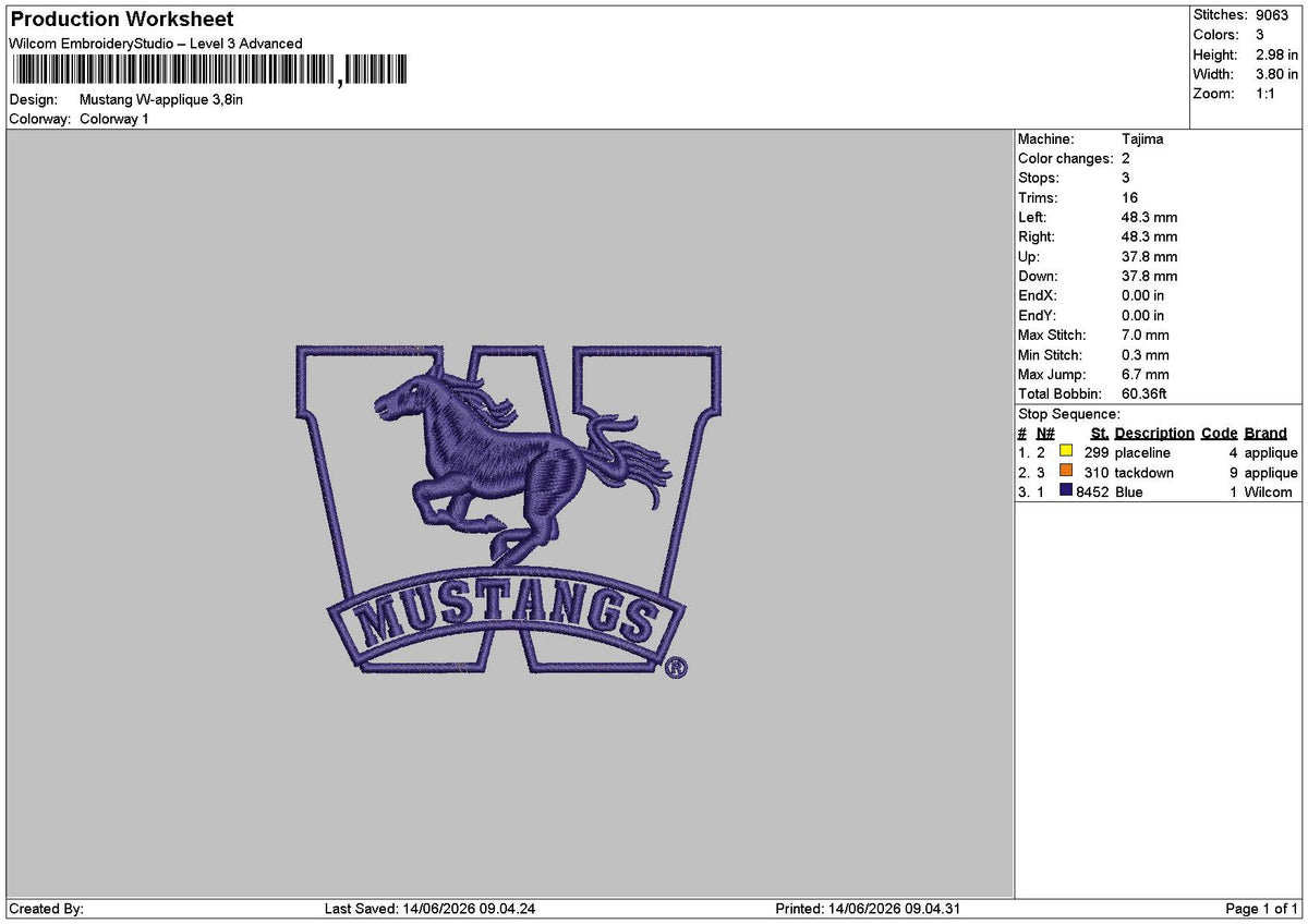 Mustang W-Applique Embroidery Machine Design File