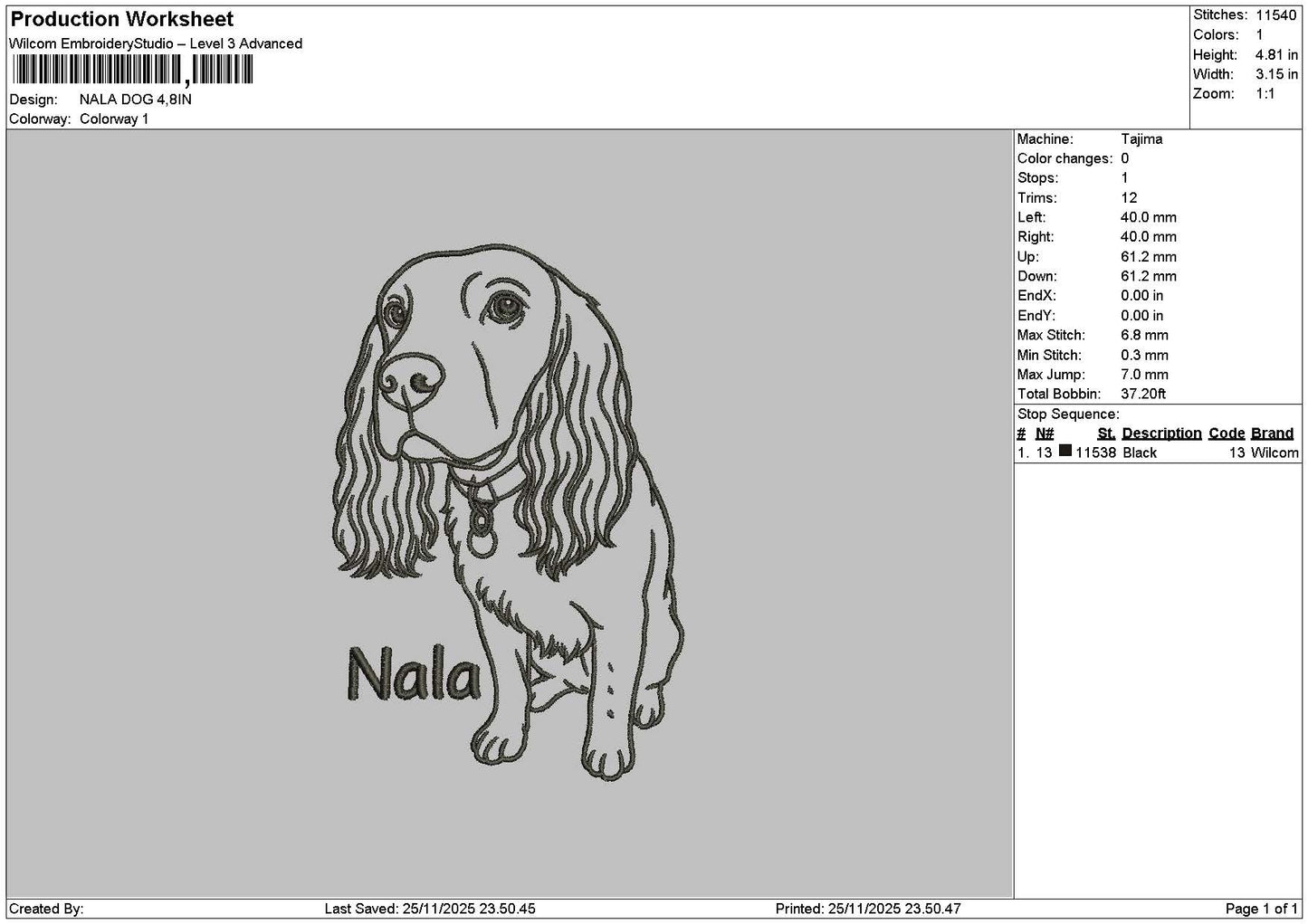 Nala Dog Embroidery File 6 sizes