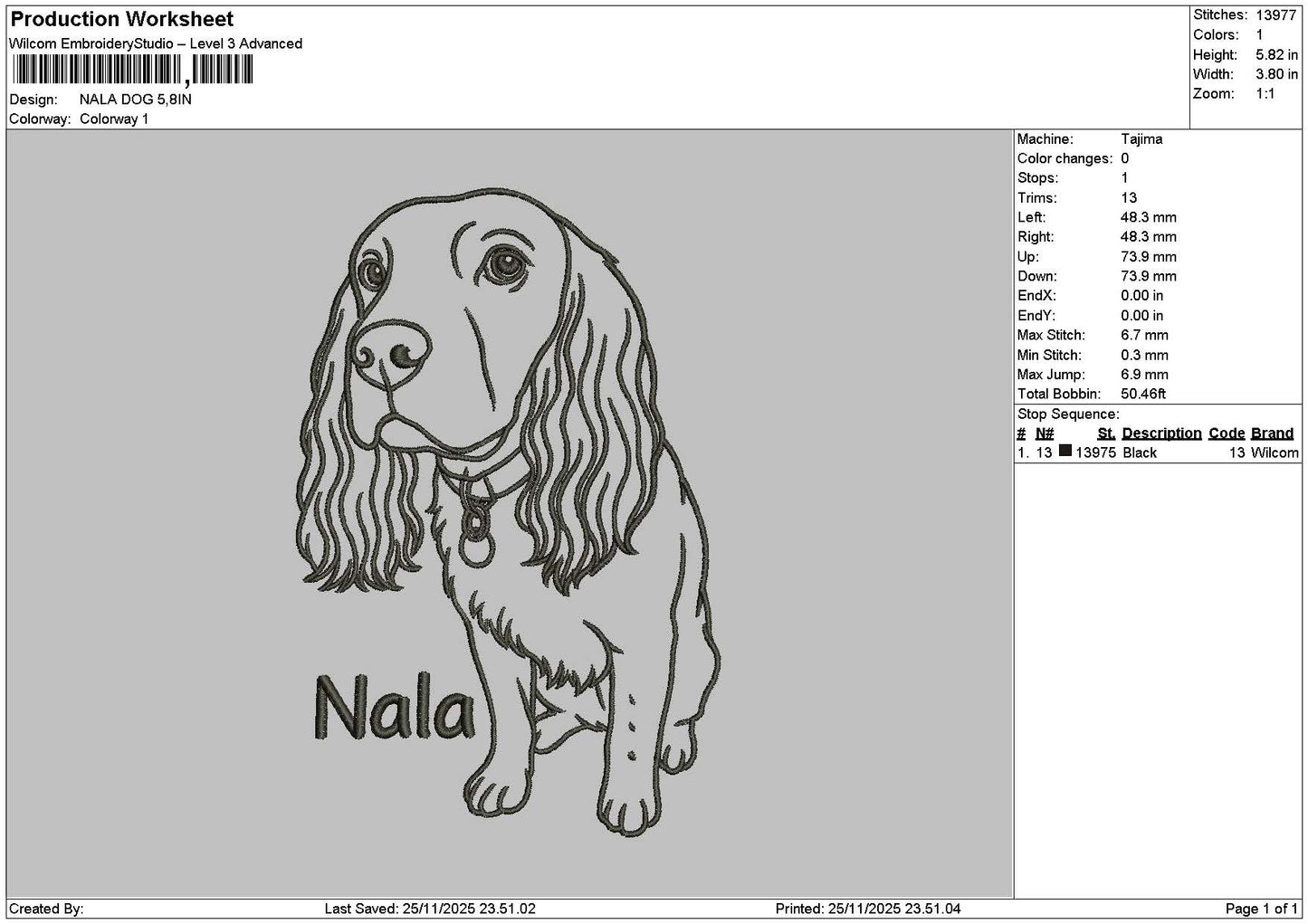 Nala Dog Embroidery File 6 sizes