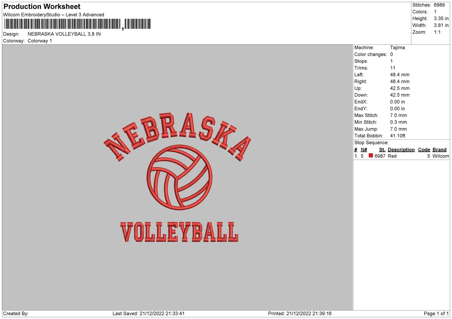 Nebraska Volley Embroidery File 6 sizes