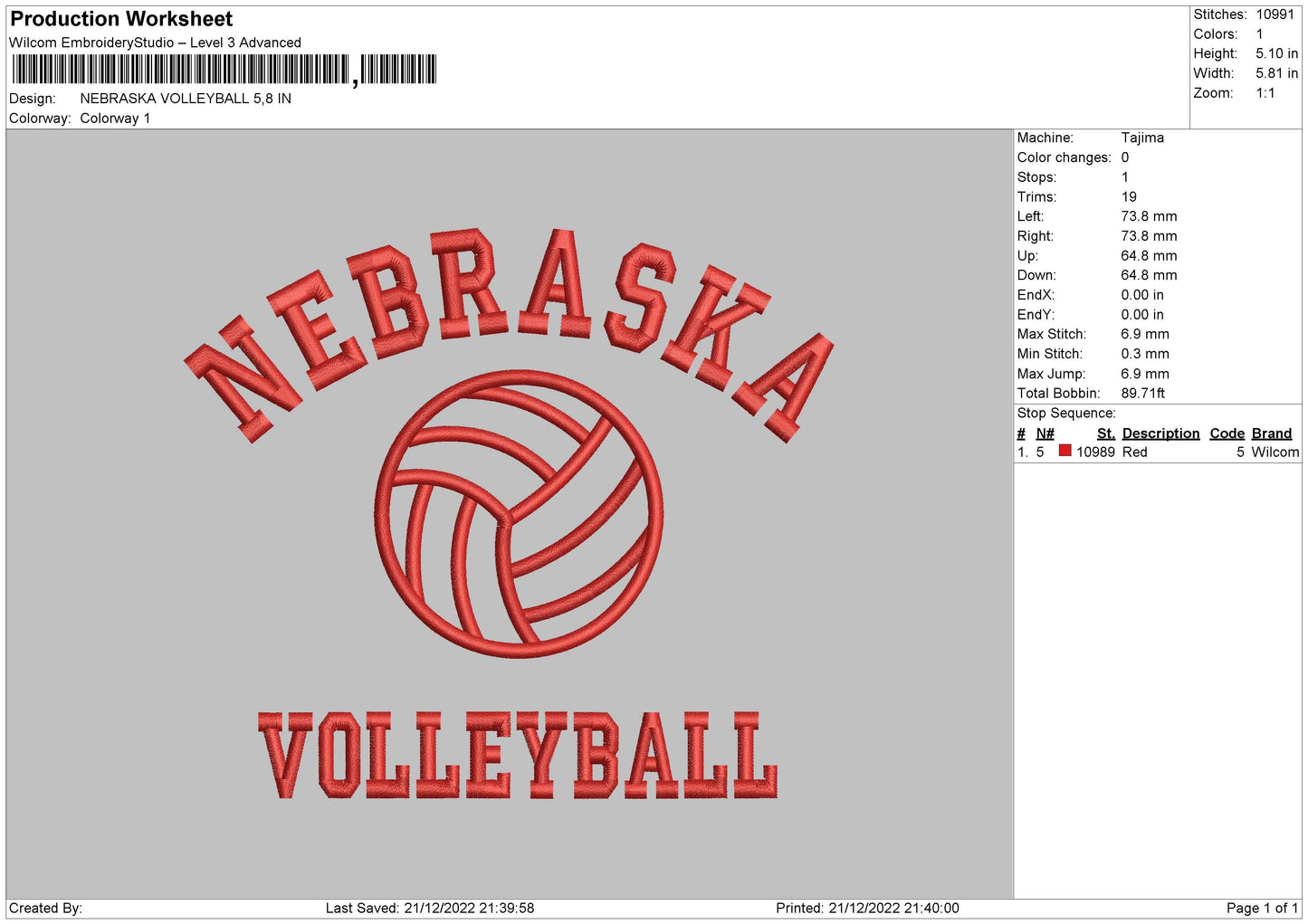 Nebraska Volley Embroidery File 6 sizes