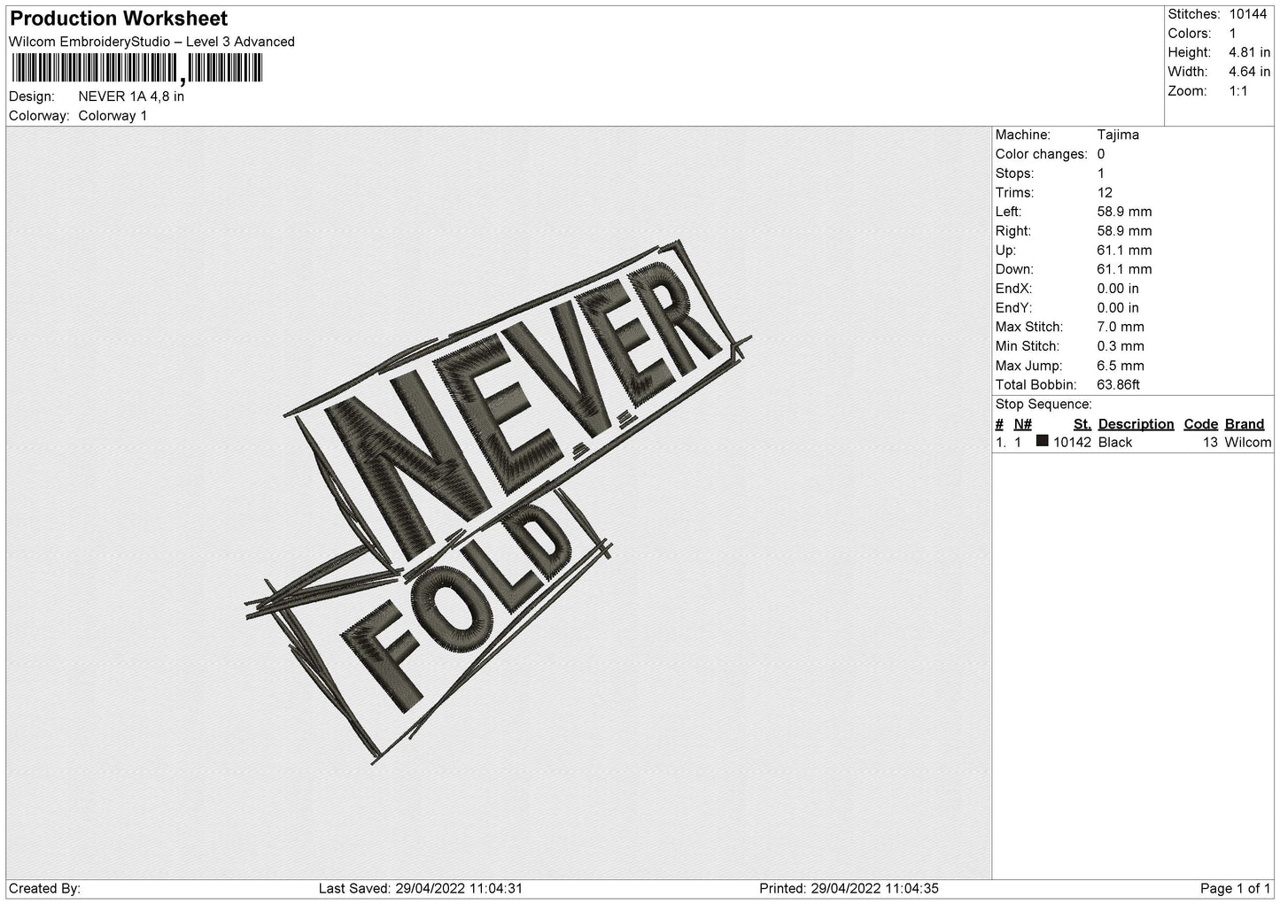 Never 1A Embroidery File 4 size