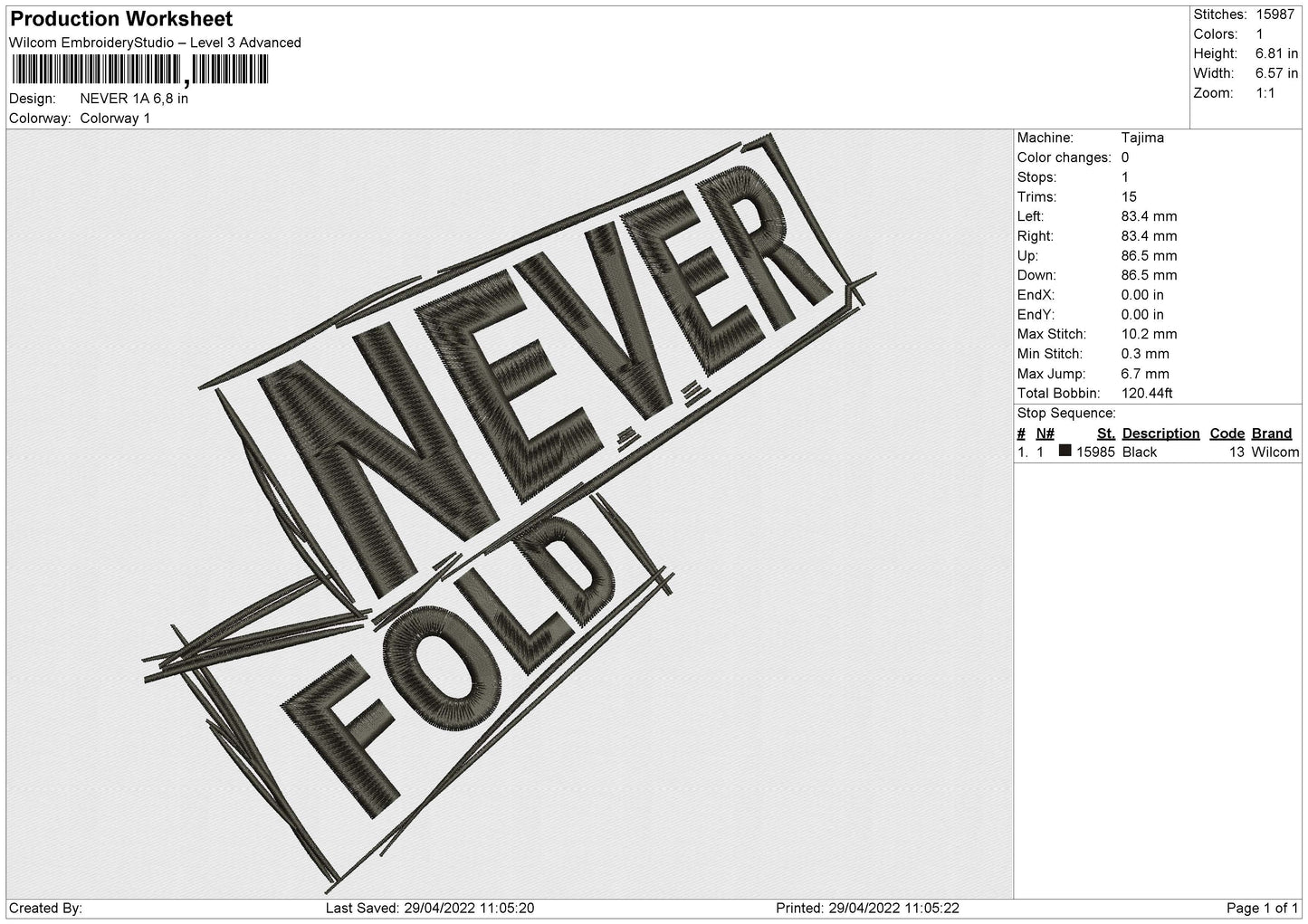 Never 1A Embroidery File 4 size