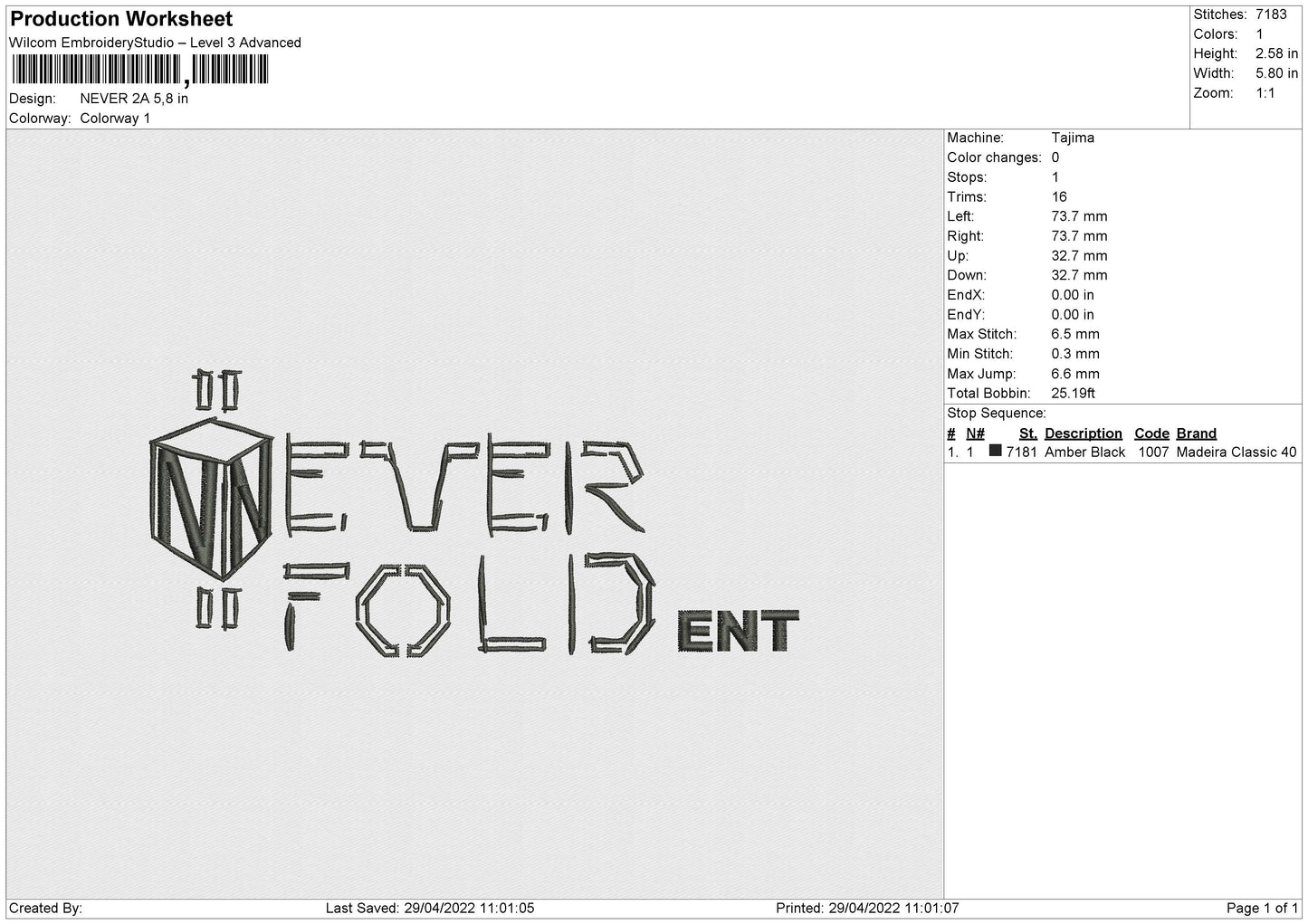 Never 2A Embroidery File 4 size