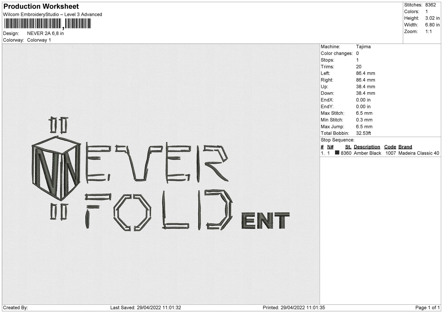 Never 2A Embroidery File 4 size