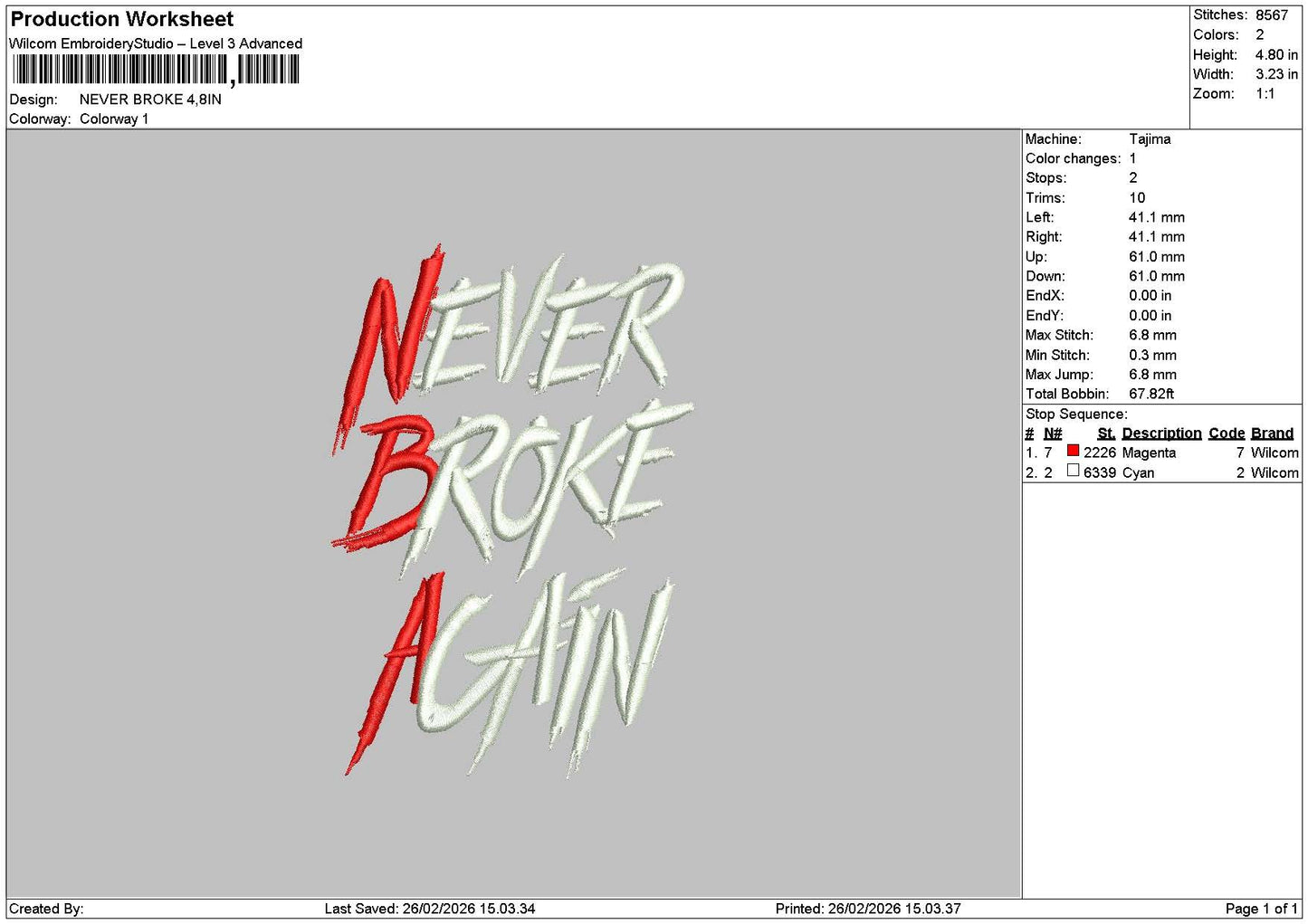 Nevertext 2602 Embroidery File 6 sizes