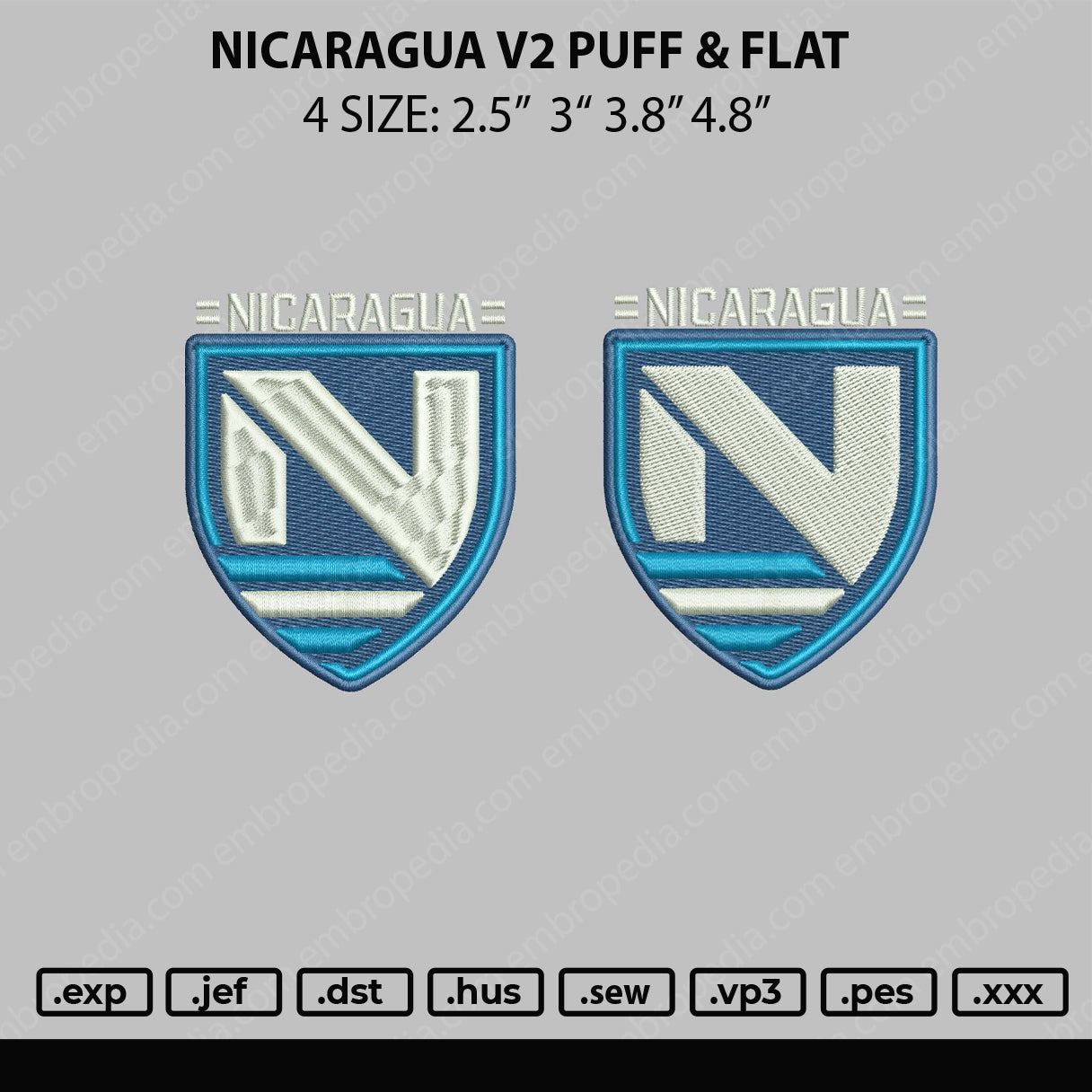 Nicaragua V2 Flat & Puff Embroidery File 4 sizes