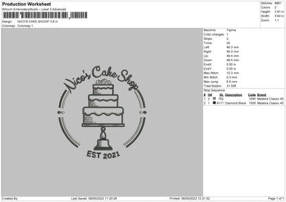 Niko's Cake Shop Embroidery File 4 size
