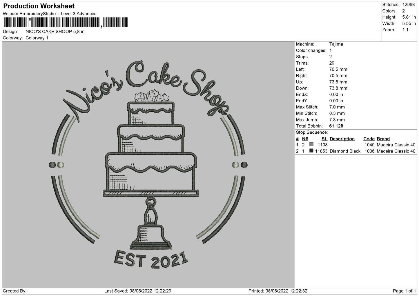 Niko's Cake Shop Embroidery File 4 size
