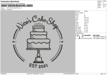 Niko's Cake Shop Embroidery File 4 size