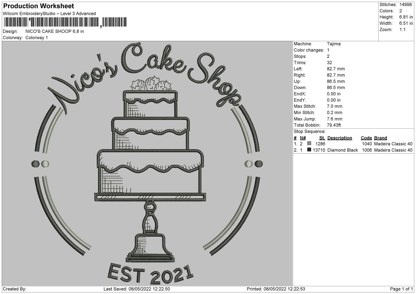 Niko's Cake Shop Embroidery File 4 size