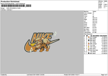 Nike Arcanine V2 Embroidery File 6 sizes