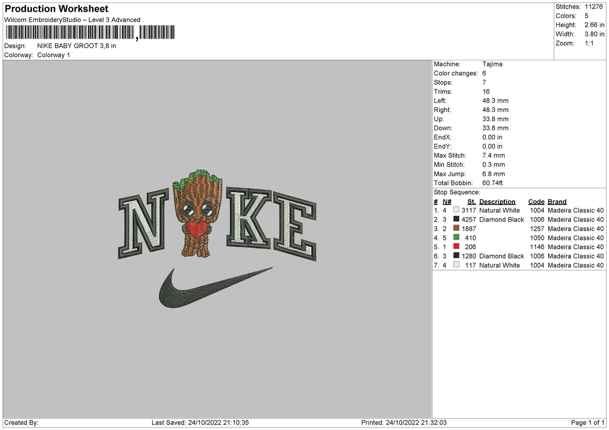 Nike Baby Groot Embroidery File 6 sizes