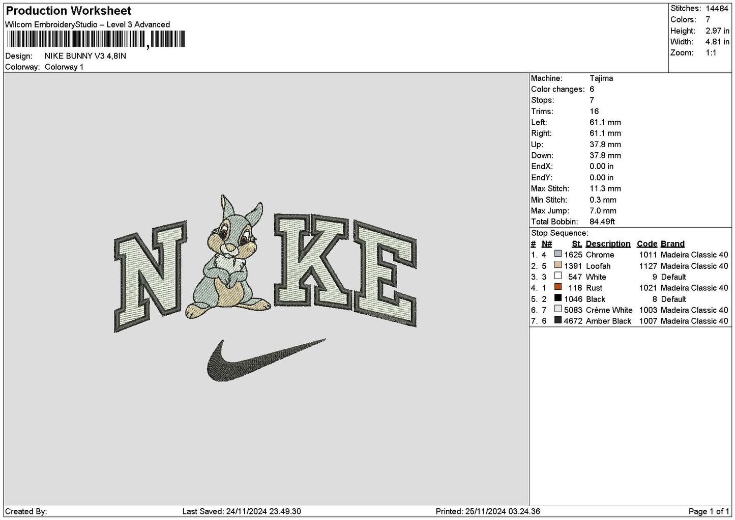 Nike Bunny V3 Embroidery File 6 sizes