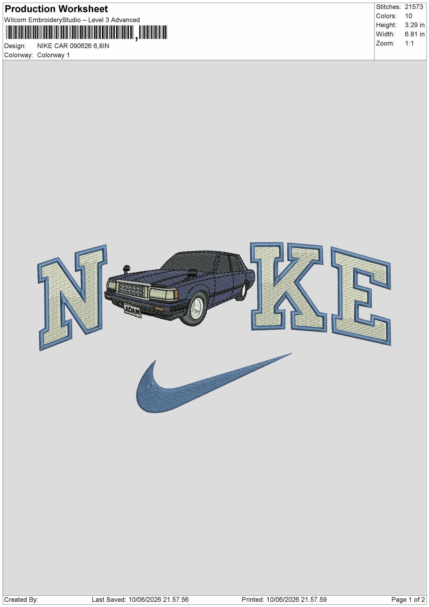 Nike Car 0906 Embroidery Machine Design File 6 sizes