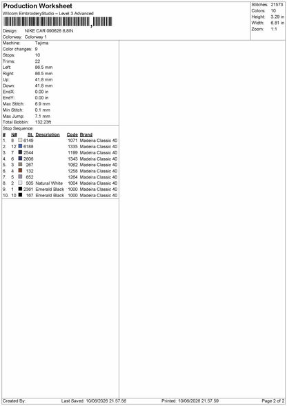 Nike Car 0906 Embroidery Machine Design File 6 sizes