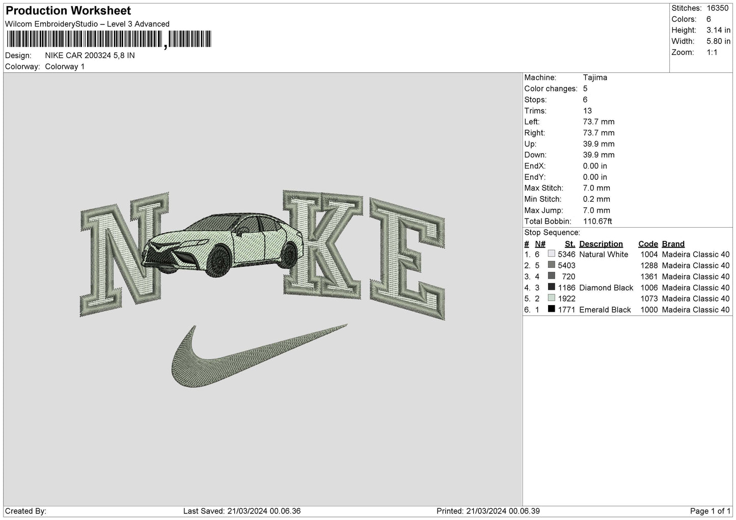 Nike Car 2024 Embroidery File 6 sizes