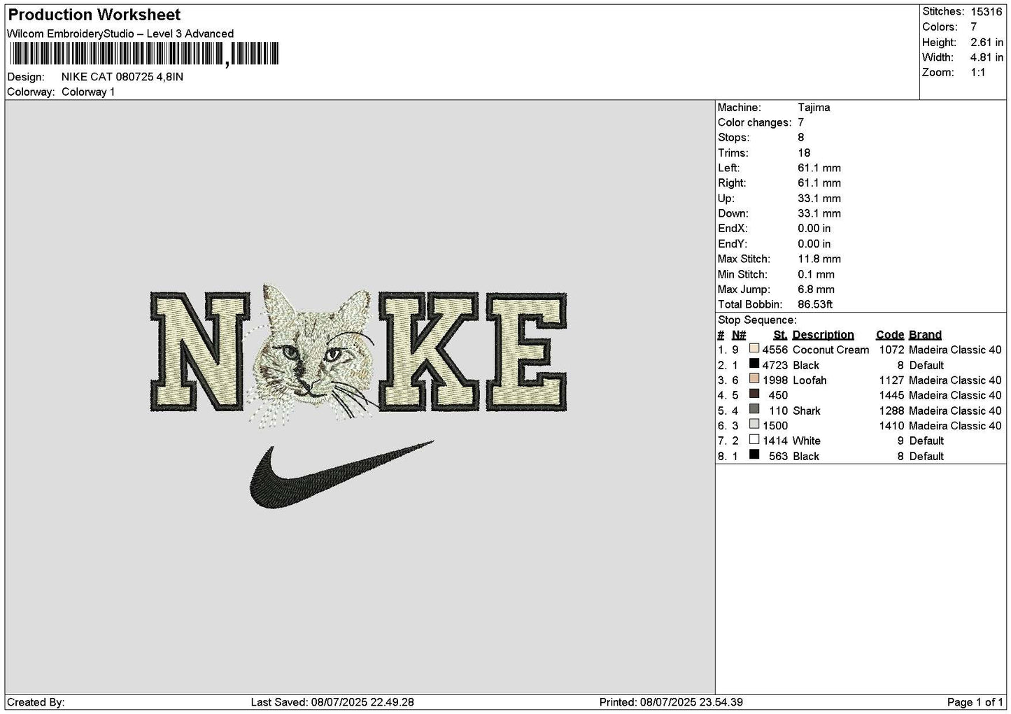 Nike Cat 0807 Embroidery File 6 sizes
