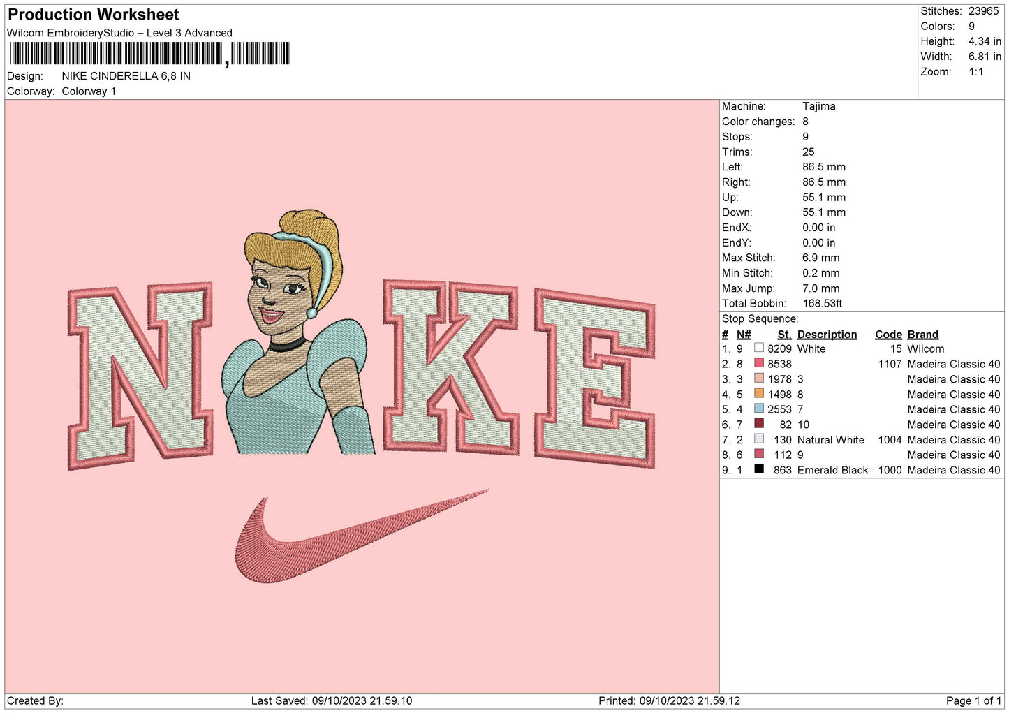 Nike Cinderella Embroidery File 6 sizes