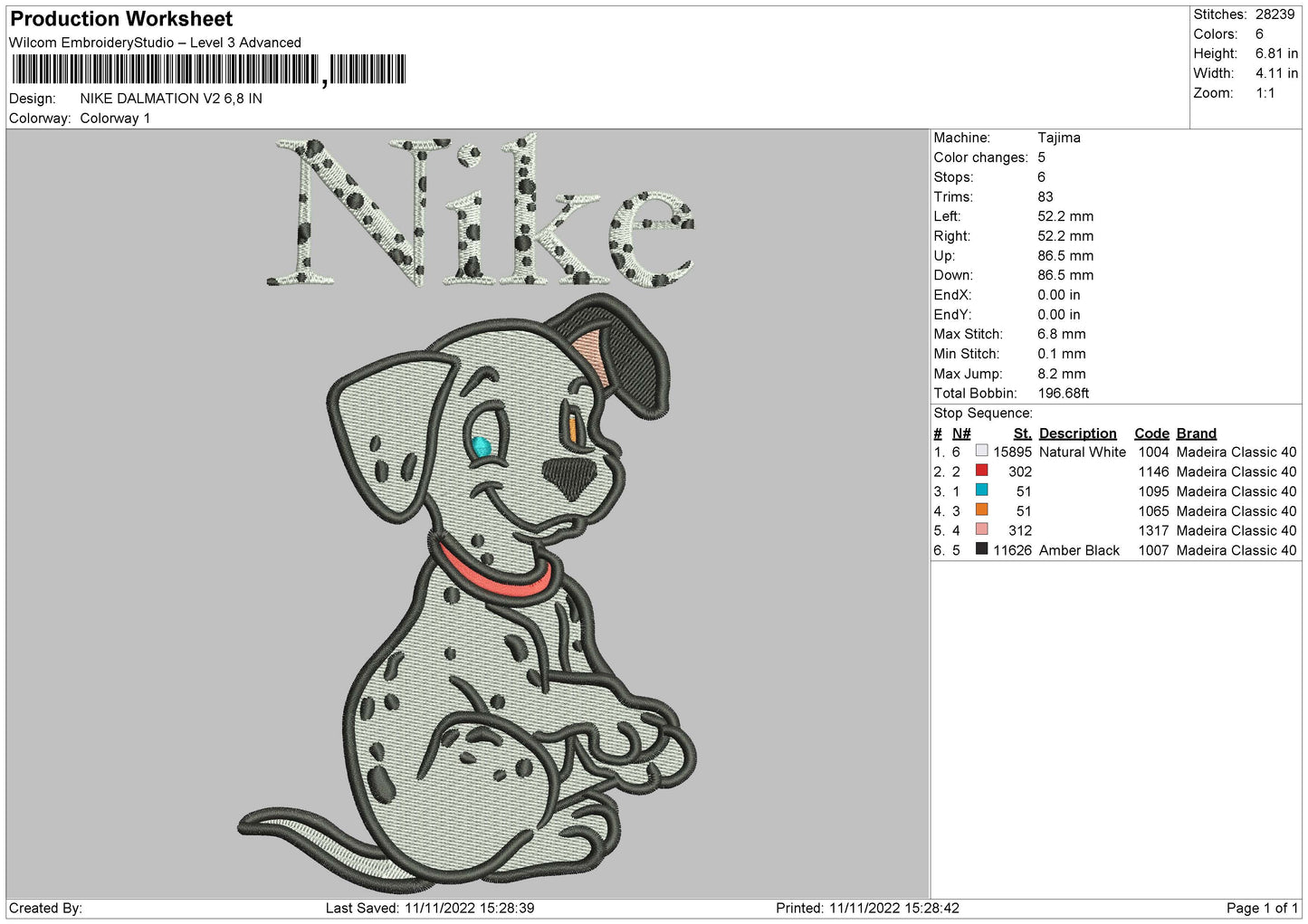 Nike Dalmation V2 Embroidery File 6 sizes