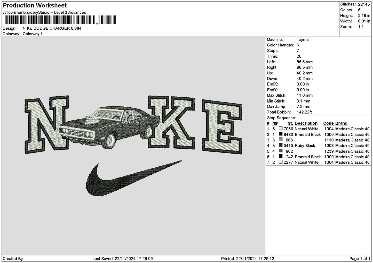 Nike Car 2211a Embroidery File 6 sizes