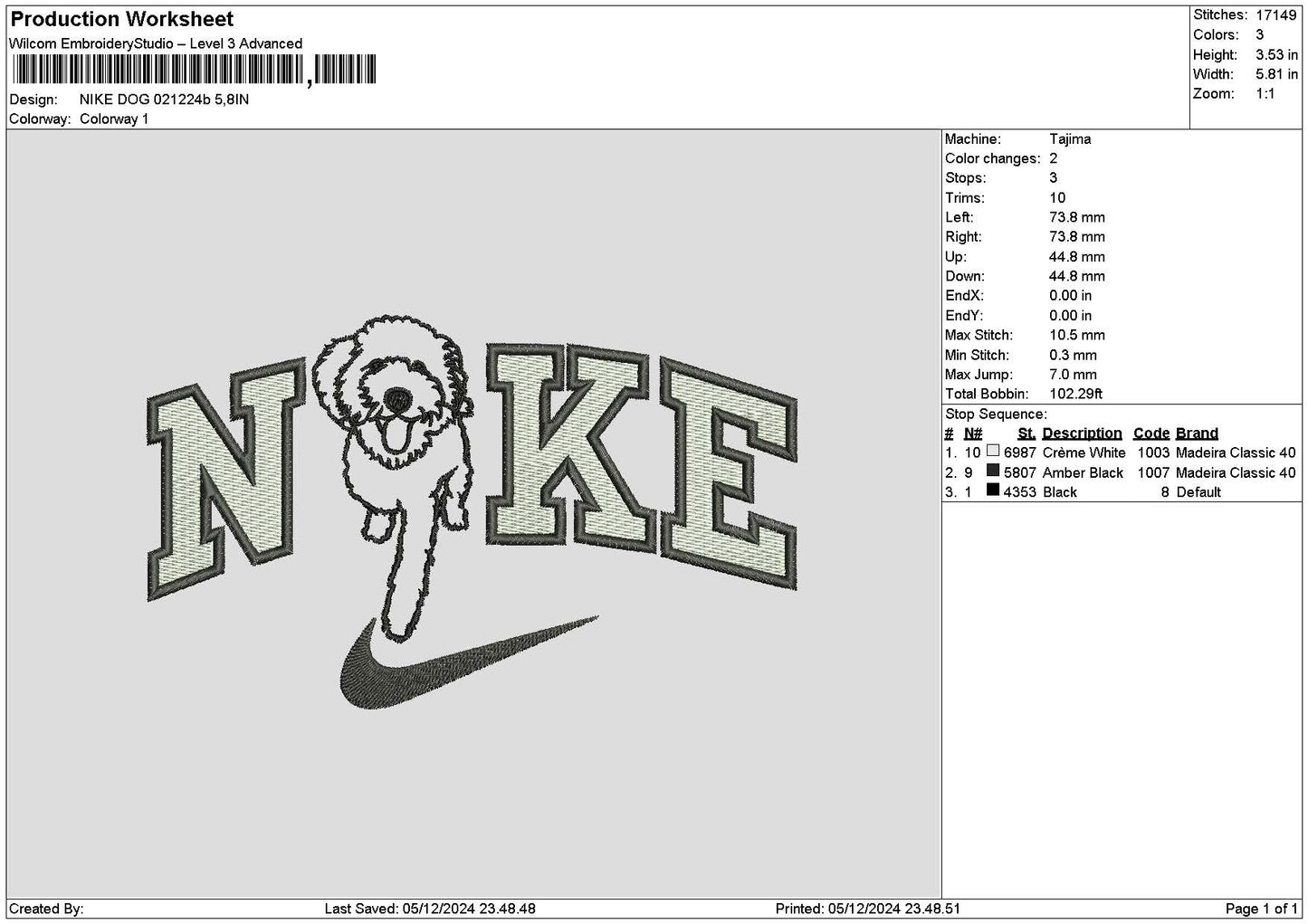 Nike Dog 0212b Embroidery File 6 sizes