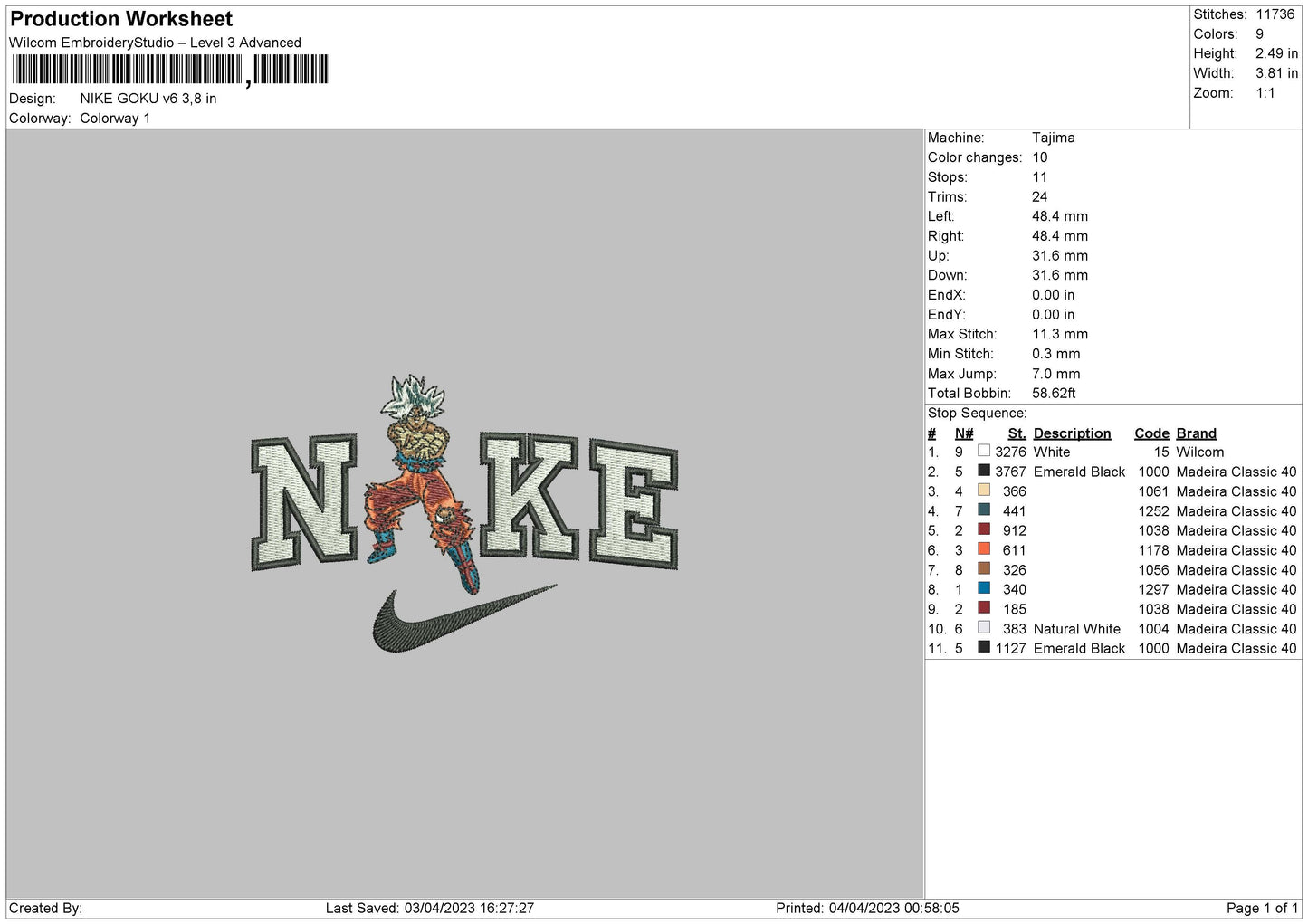 Nike Goku V6 Embroidery File 6 sizes