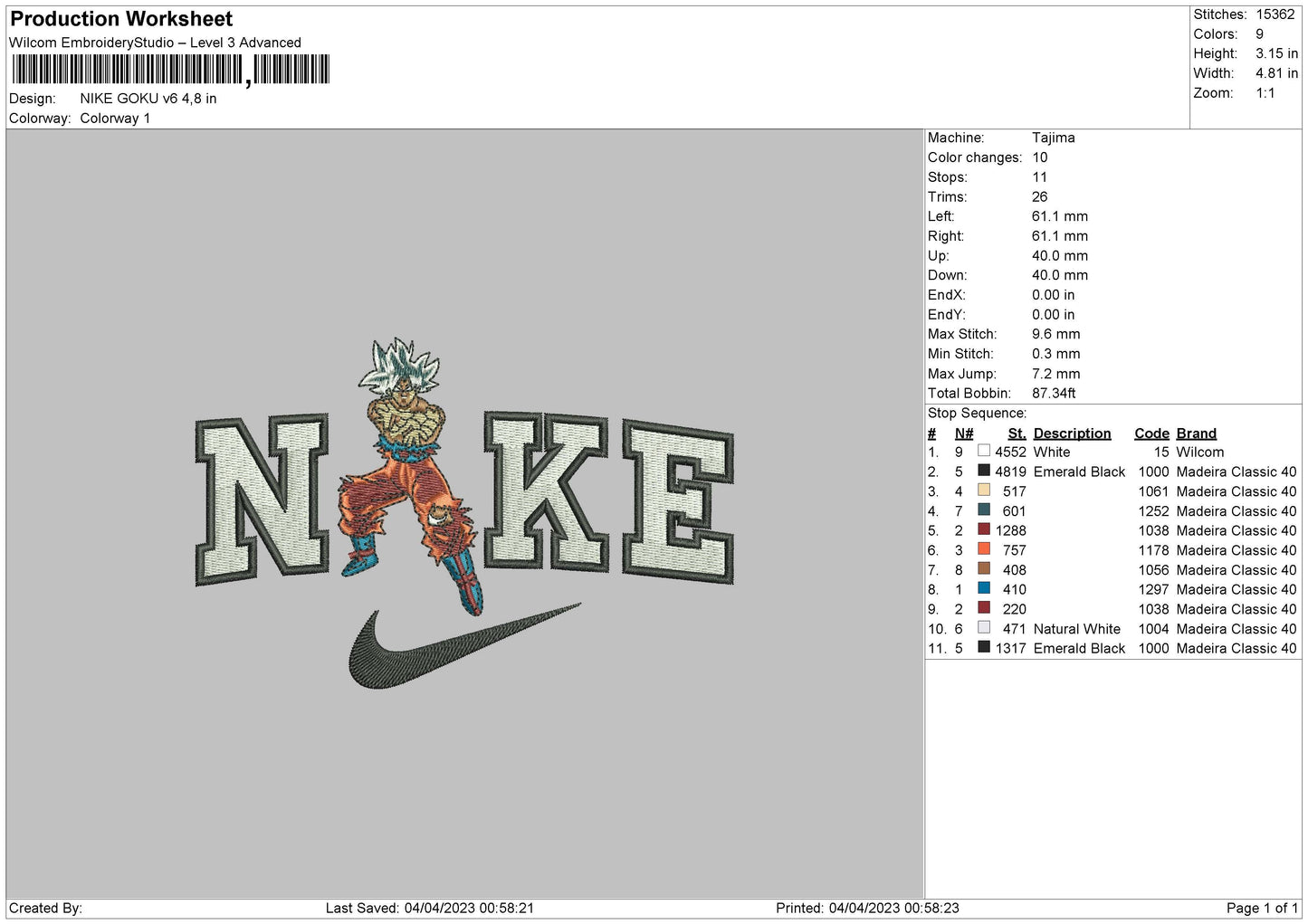 Nike Goku V6 Embroidery File 6 sizes