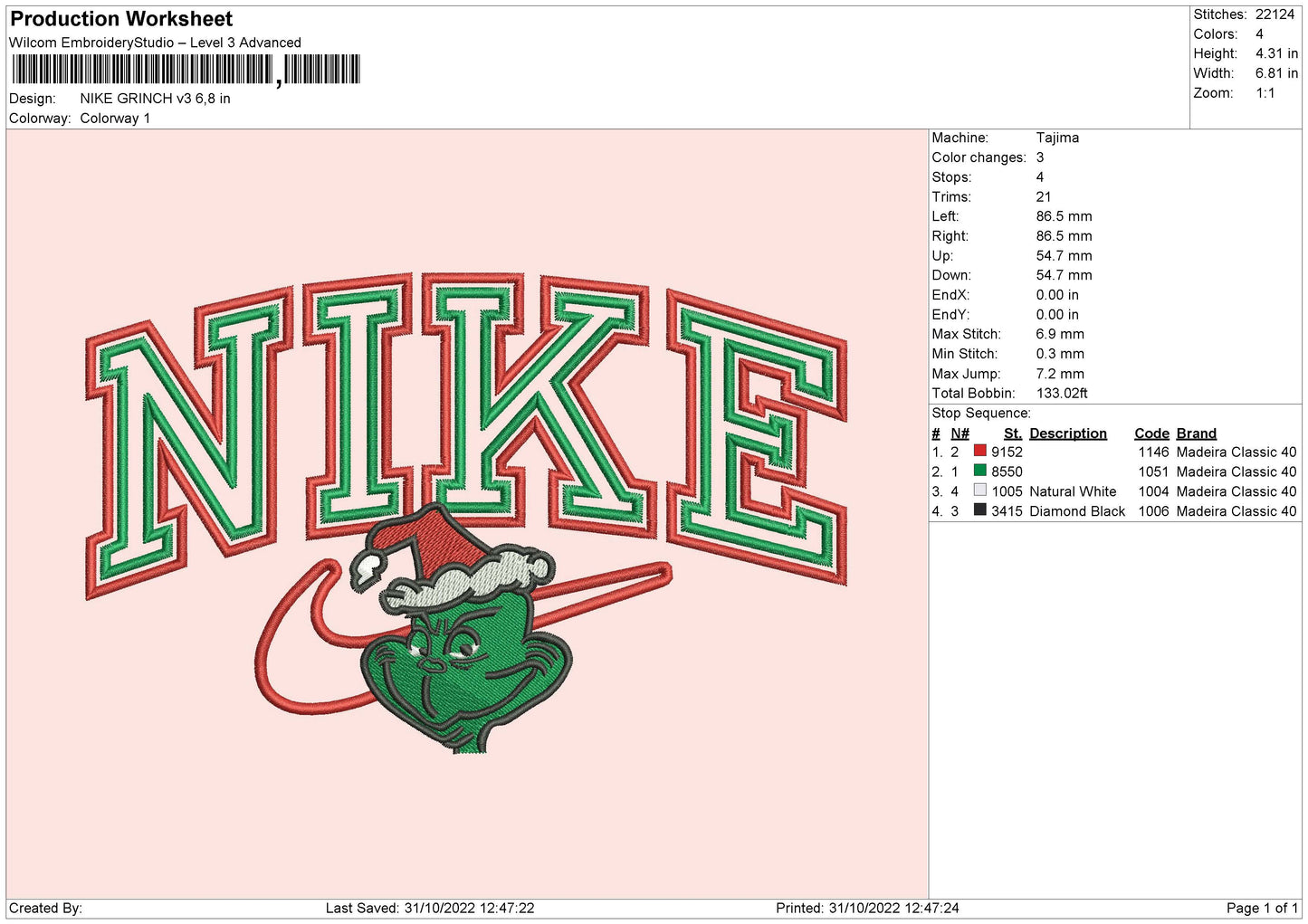 Nike Grinch V3 Embroidery File 6 sizes