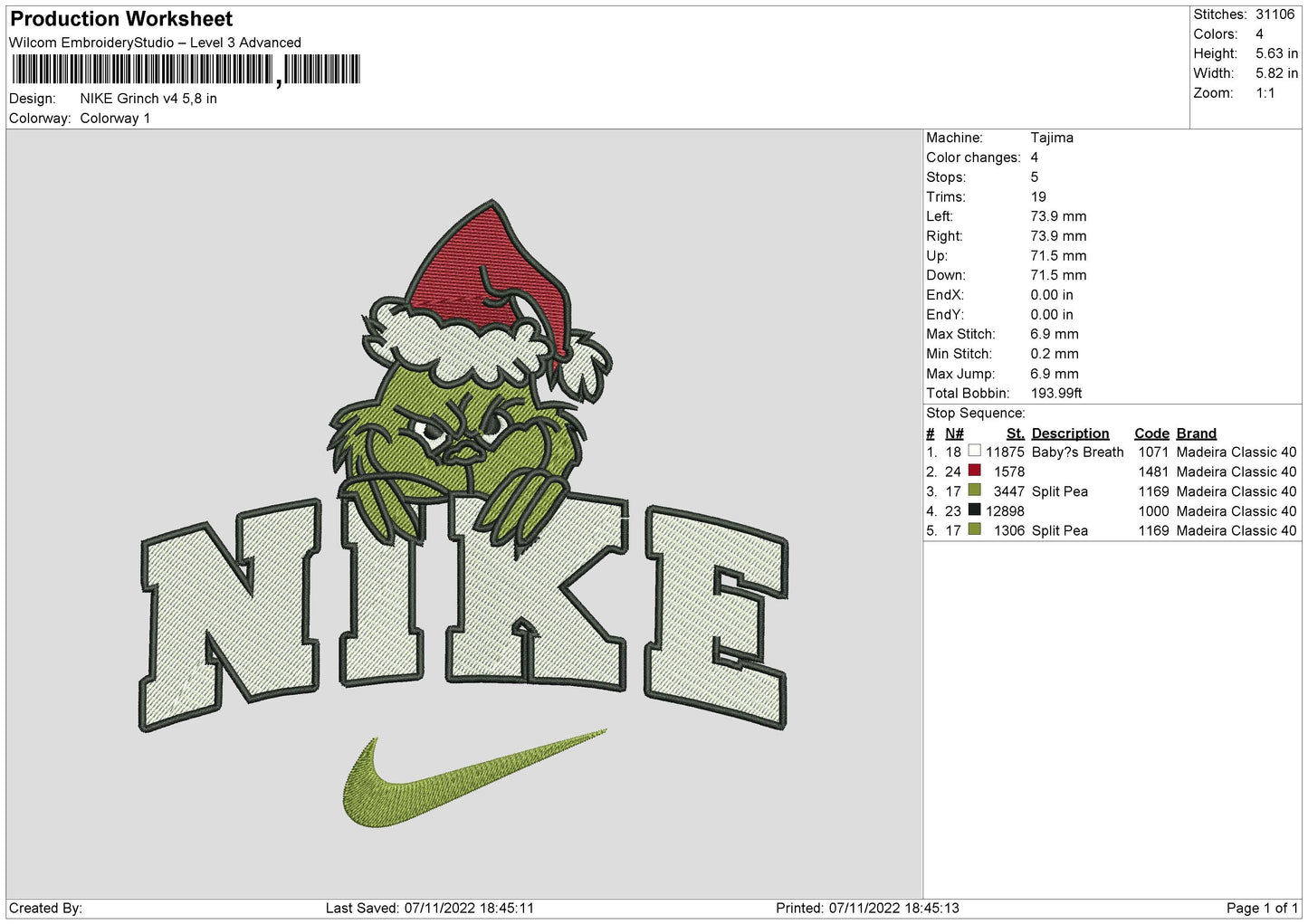 Nike Grinch V4 Embroidery File 6 sizes