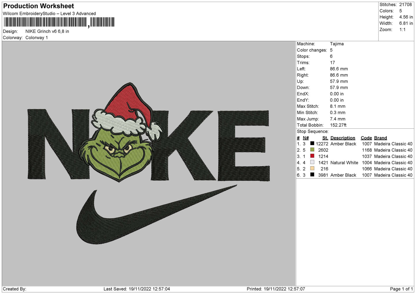 Nike Grinch V6 Embroidery File 6 sizes