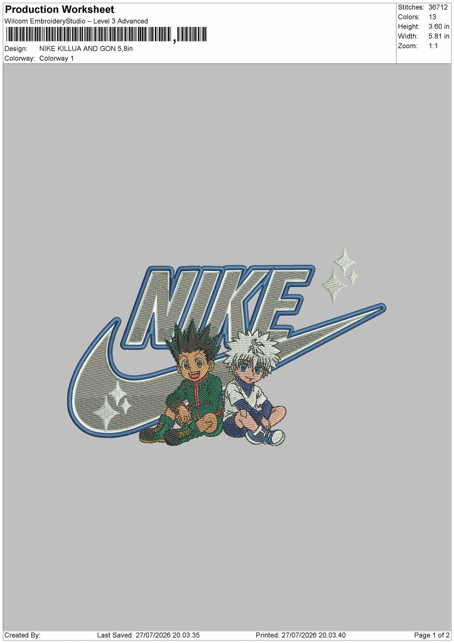 Nike Killua 2707 Embroidery Machine Design File 6 sizes