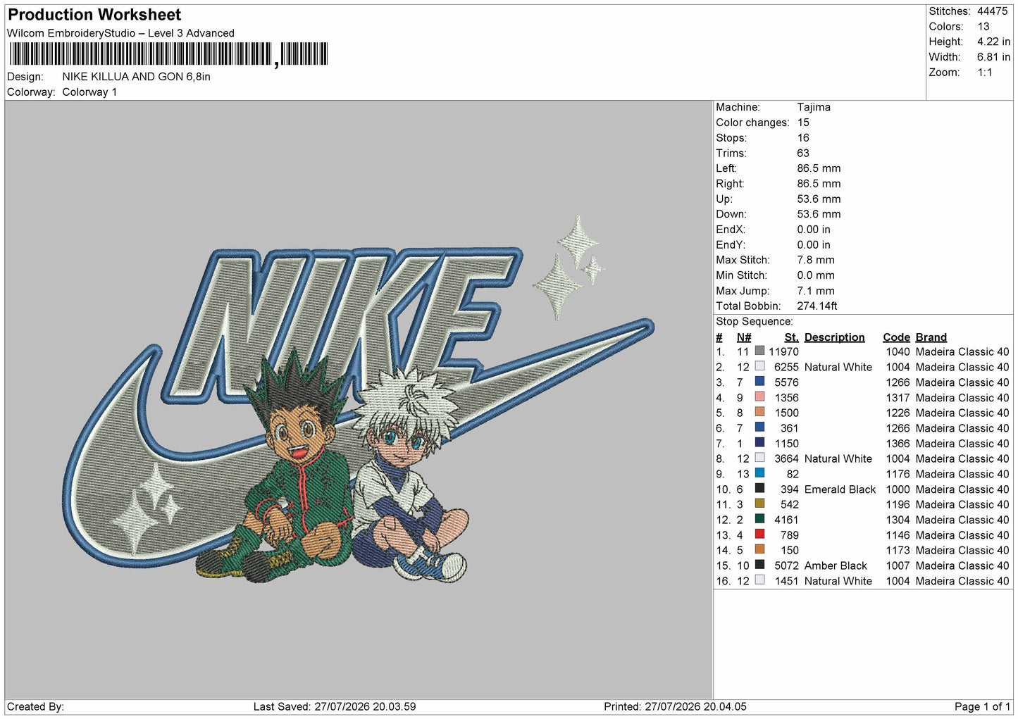 Nike Killua 2707 Embroidery Machine Design File 6 sizes