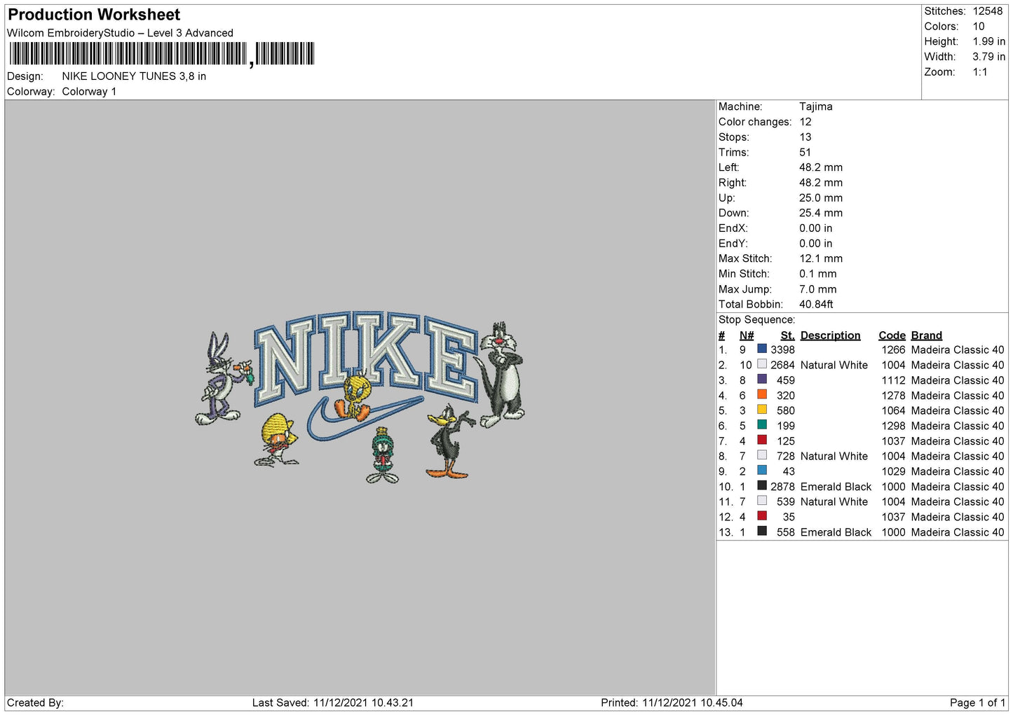 Nike Looney Tunes Embroidery File 4 size