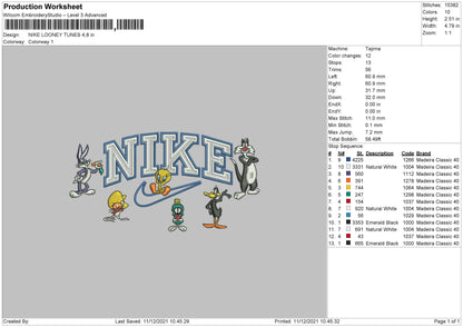 Nike Looney Tunes Embroidery File 4 size