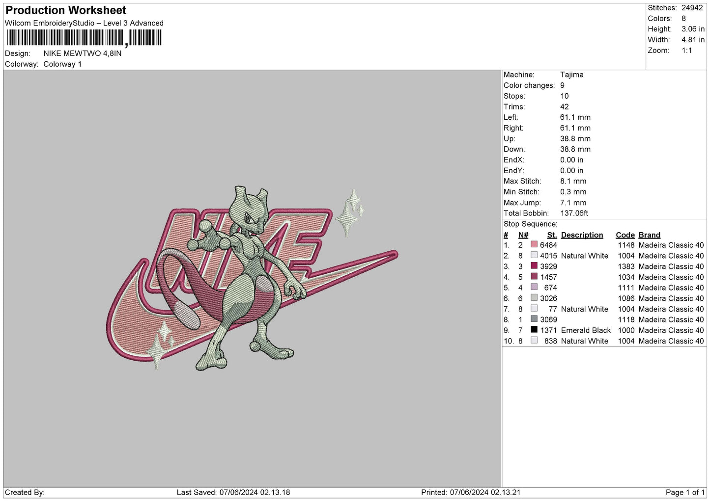 Nike Mewtwo Embroidery File 6 sizes