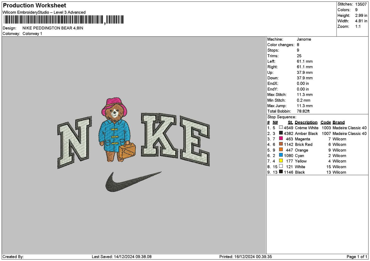 Nike Bear 1612 Embroidery File 6 sizes