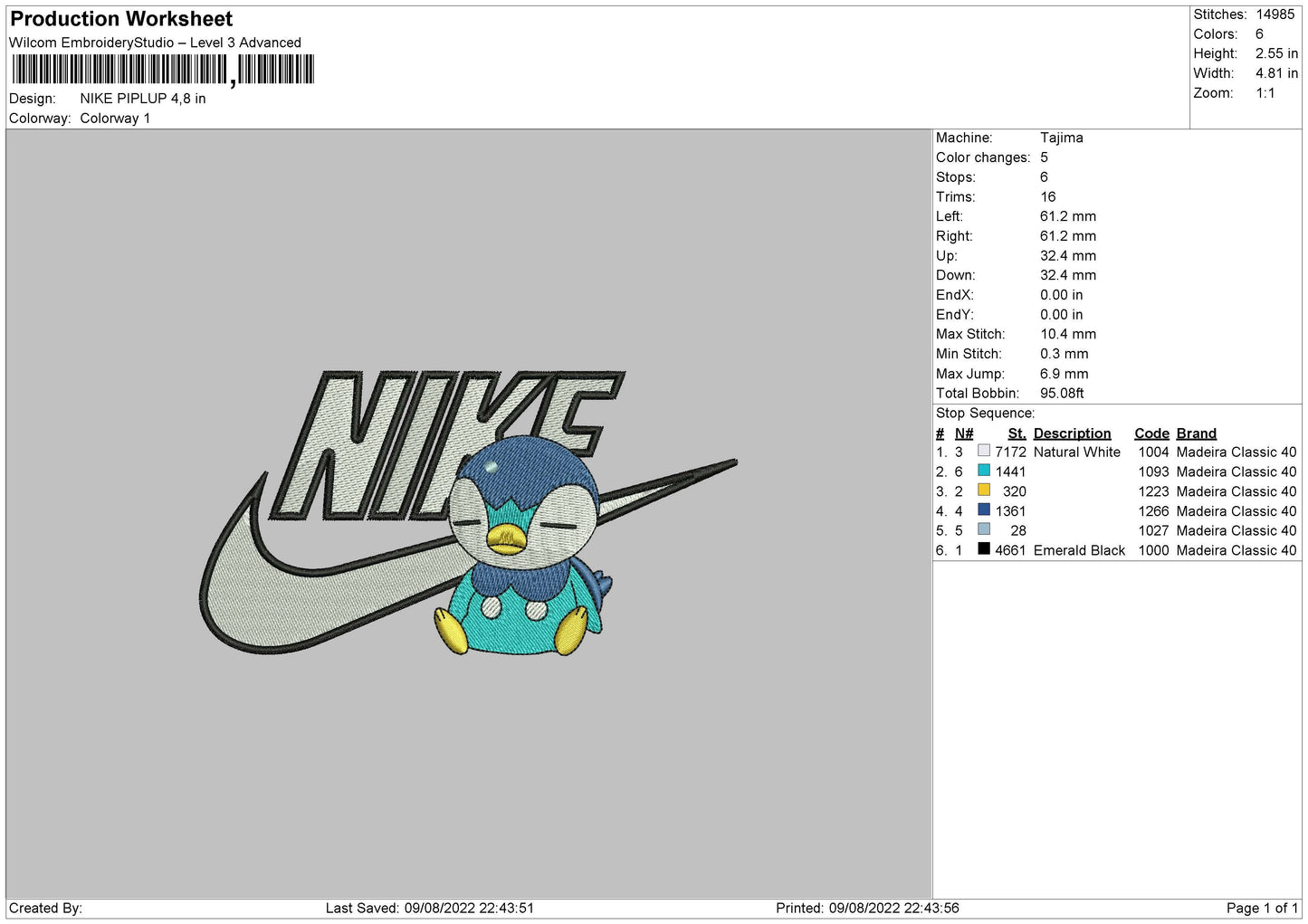 Nike Piplup Embroidery File 4 sizes