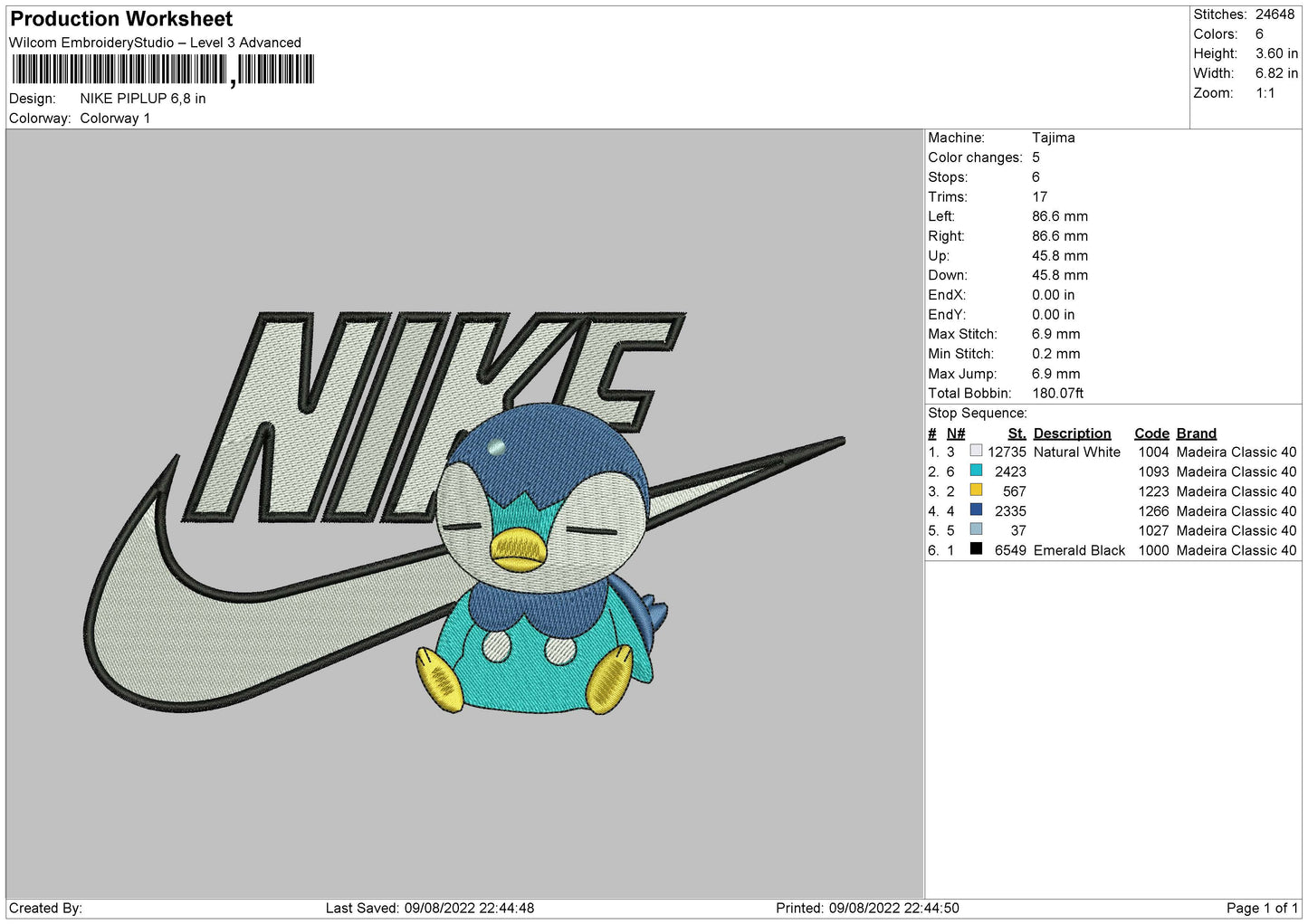 Nike Piplup Embroidery File 4 sizes