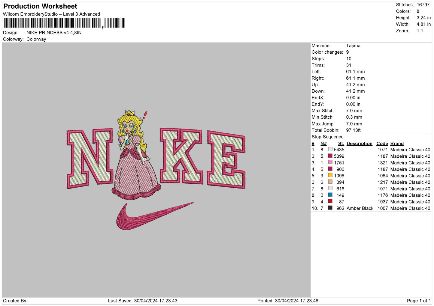 Nike Princess 3024 Embroidery File 6 sizes