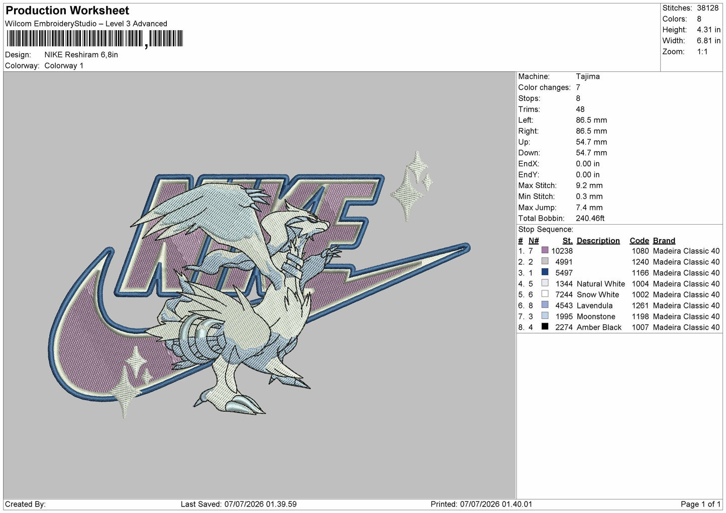 Nike Reshiram Embroidery Machine Design File 6 sizes