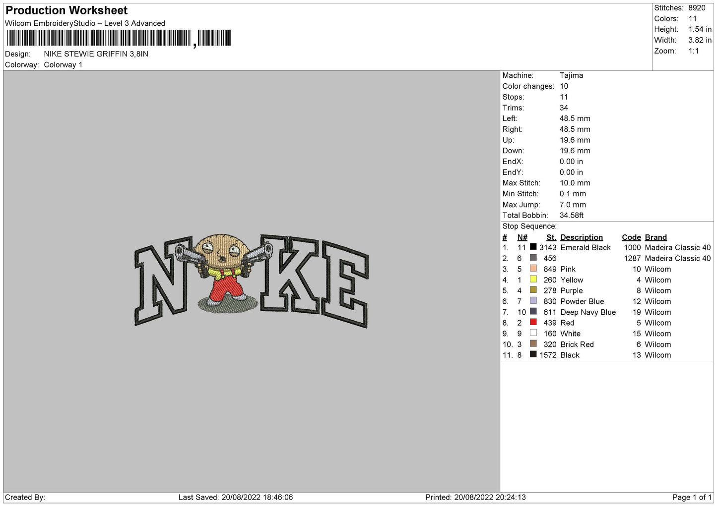 Nike Stewie Griffin Embroidery File 5 sizes