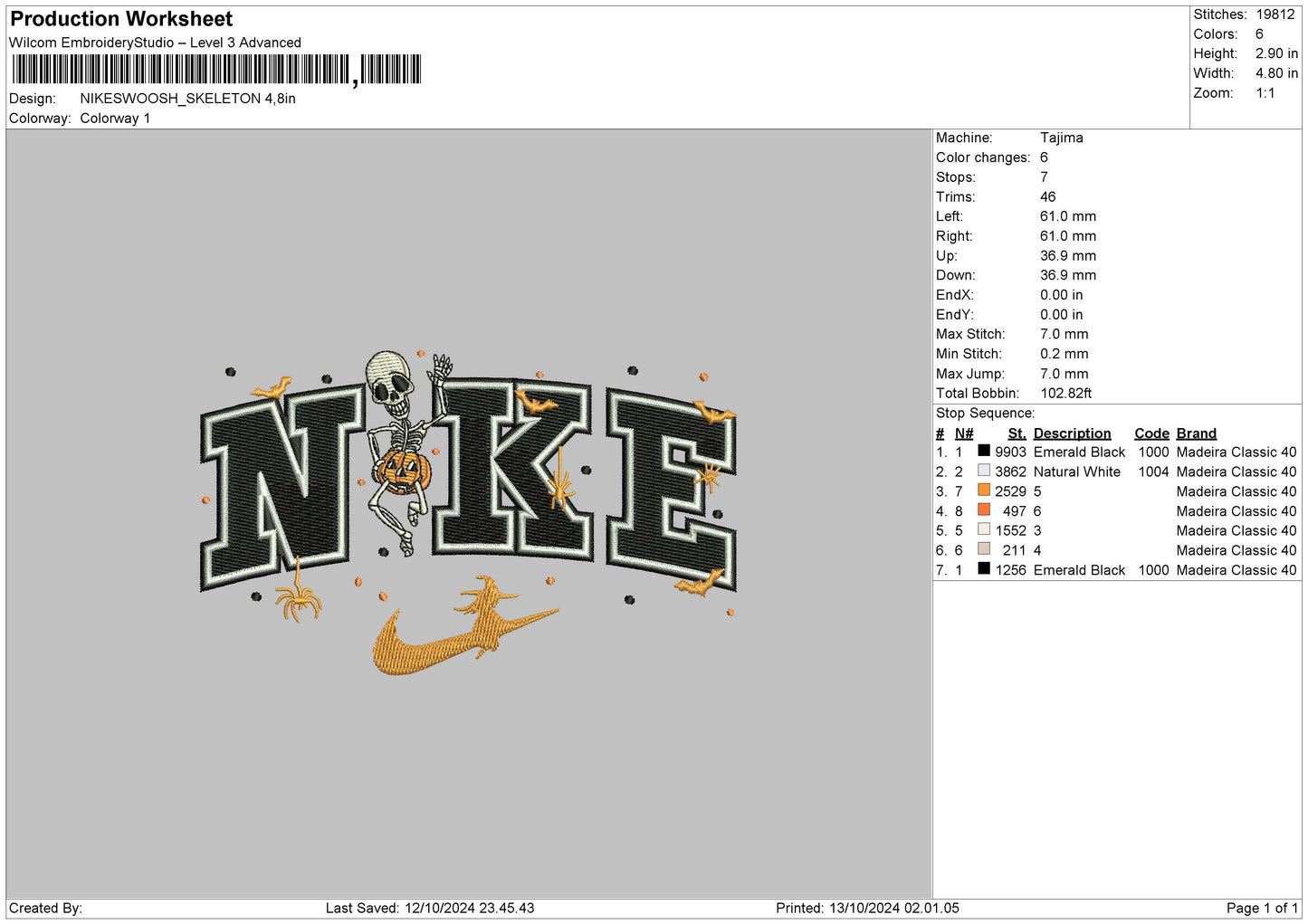Nike Skeleton 1310 Embroidery File 6 sizes