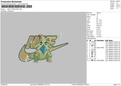 Nike tyranitar 24 Embroidery File 6 sizes