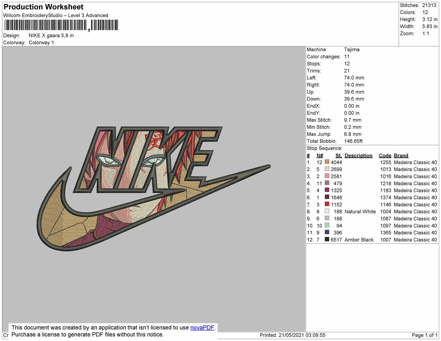 Gaara X Nike embroidery Design