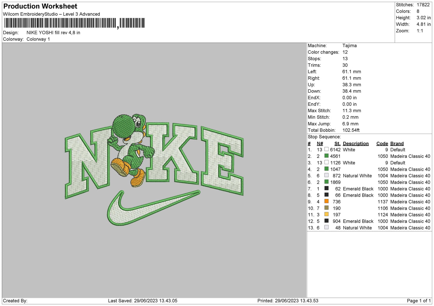 Nike Yoshi Embroidery File 6 sizes