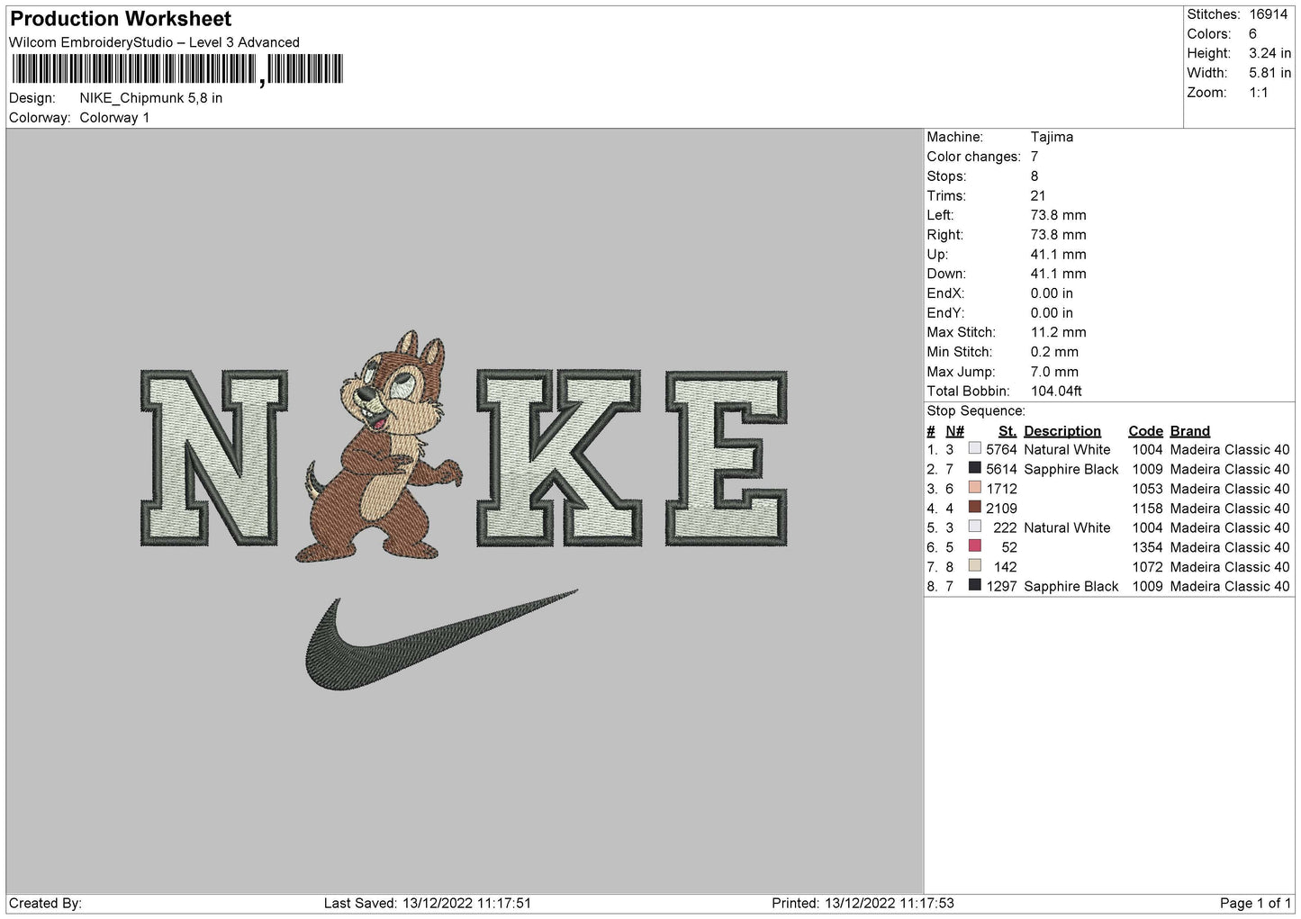 Nike Chipmunk Embroidery File 6 sizes